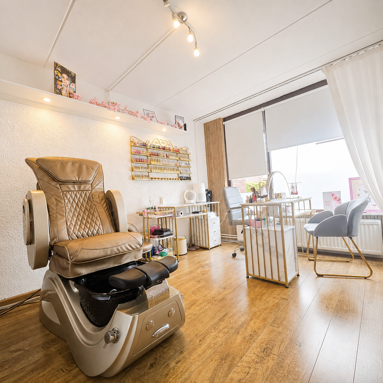 De studio van Dung nails: een spa-pedicurestoel, een rek vol nagellak en een manicuretafel bij het raam